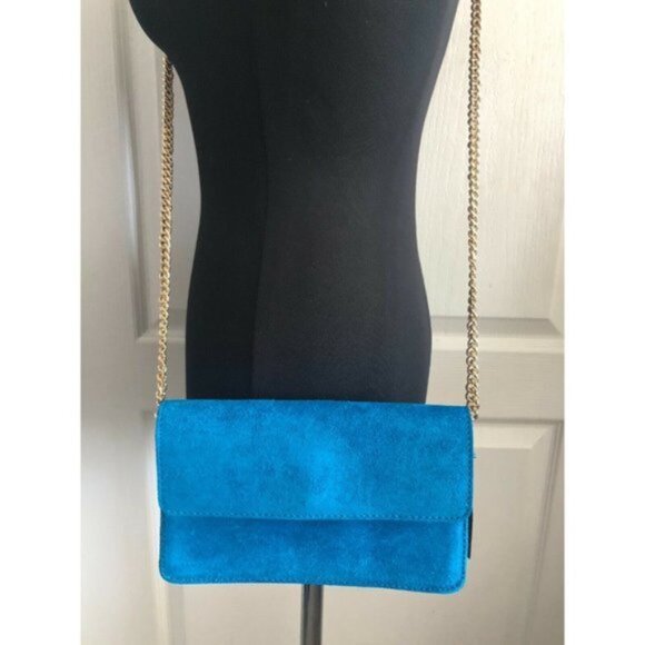 Banana Republic Italian Suede Chain Mini Clutch Laser BLUE Handbag Crossbody - Picture 4 of 12